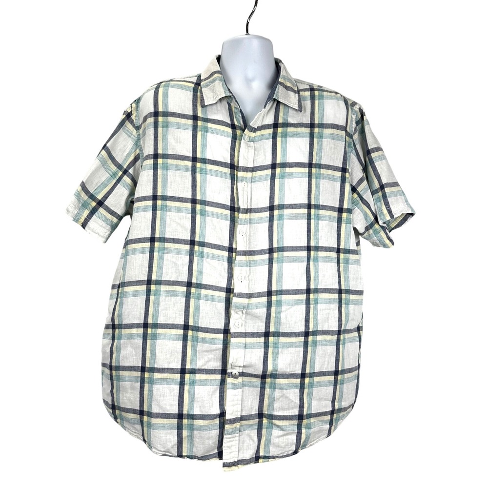 Club Room Mens Linen Cotton Plaid Short Sleeve Button Down Shirt Blue Yellow XXL